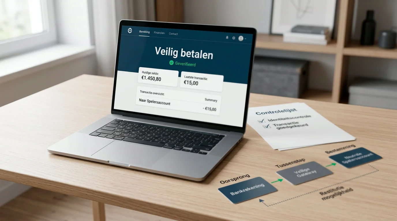 Schematische betaalroute tussen bank, casinoaccount en opnamecontrole