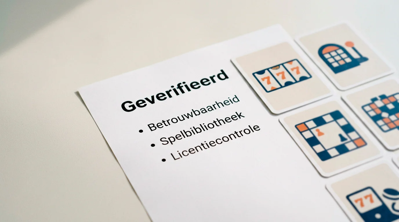 Abstract overzicht van slots, tafelspellen en checklistkaarten zonder casino logo's
