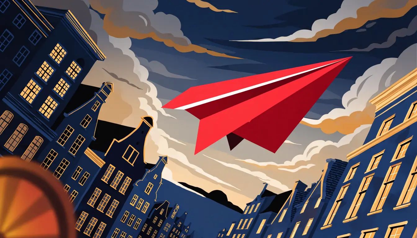 Stijlvolle illustratie van een vliegtuig boven Amsterdamse grachtenpanden