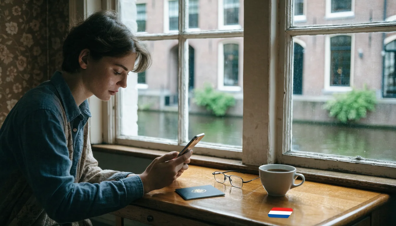 Persoon in een Amsterdams grachtenpand met telefoon en paspoort op tafel
