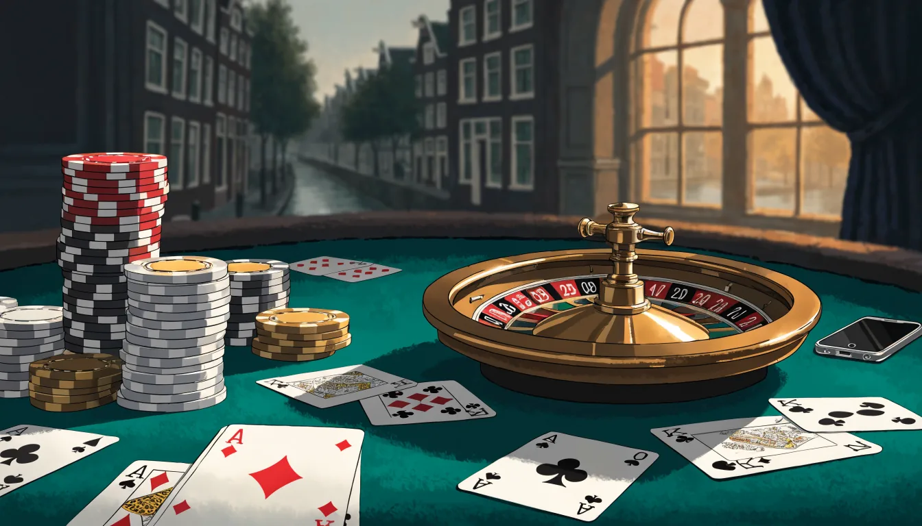 Elegante casino tafel met chips en smartphone in Amsterdamse setting