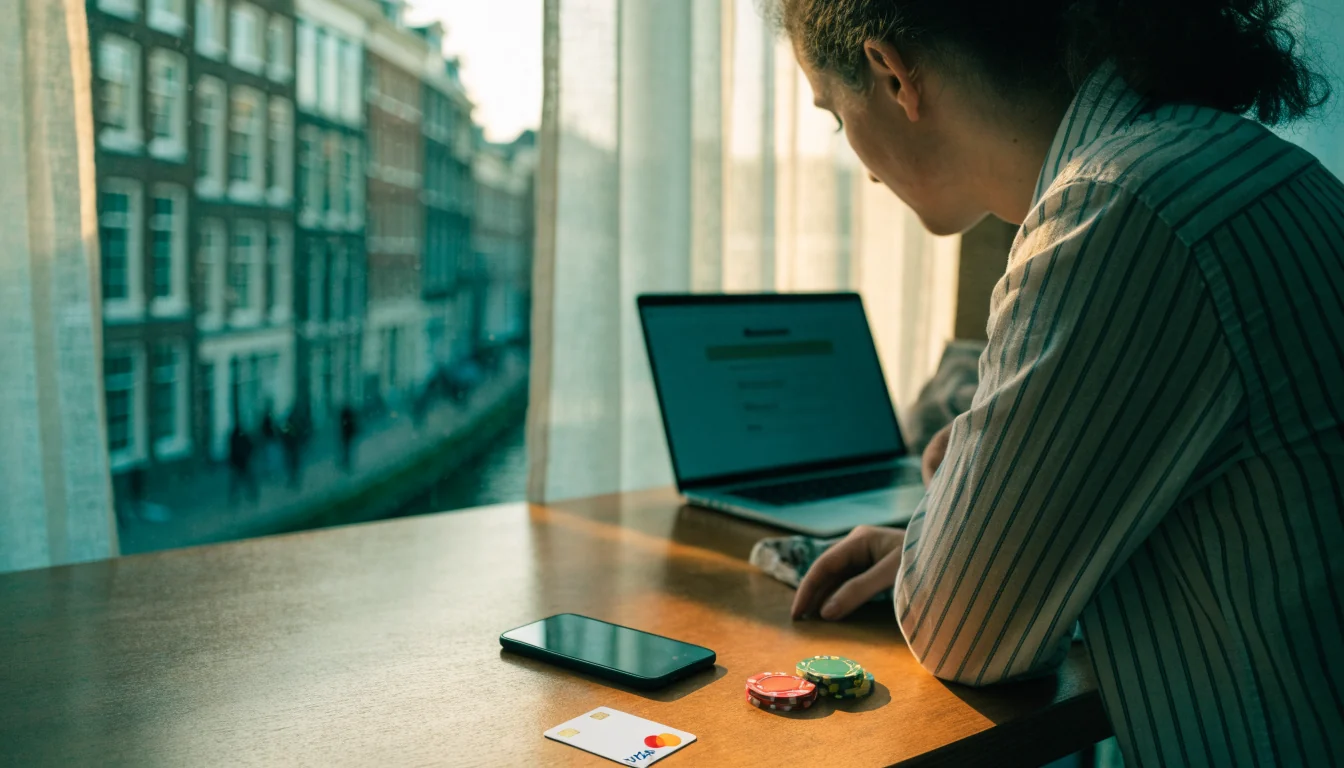 Nederlander aan bureau met bankpas, telefoon en casino fiches bij het storten via Volt