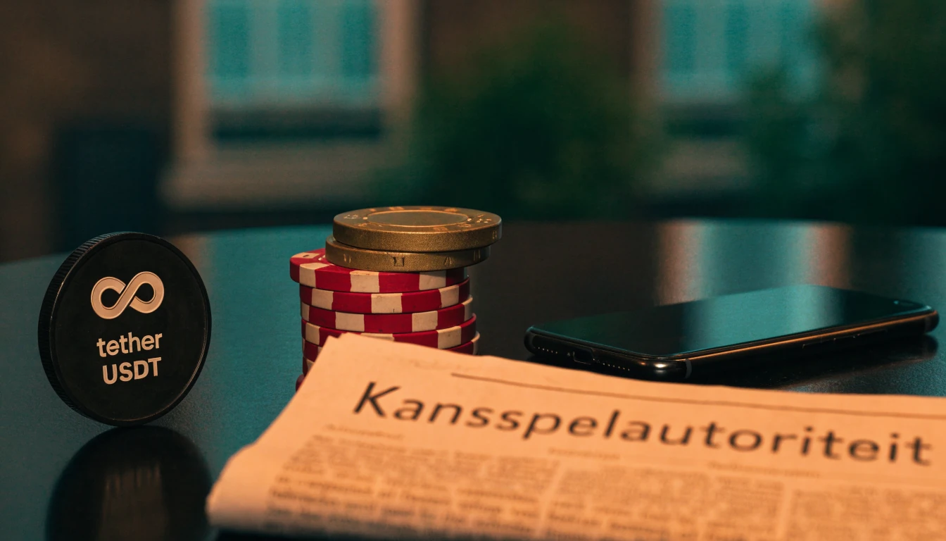 USDT-munt, casinofiches en een dichtgeklapte telefoon op een tafel