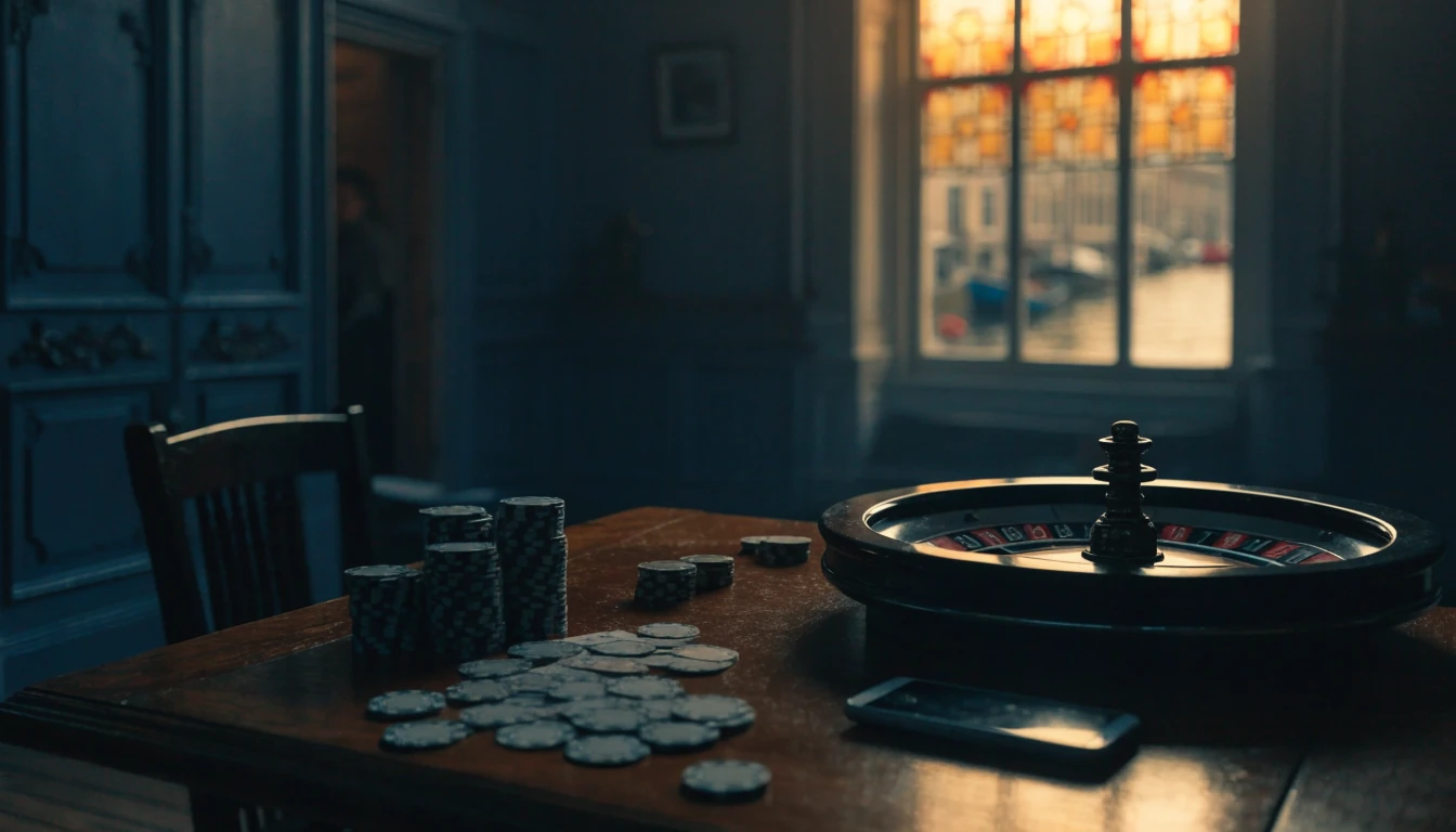Sfeervolle kaartkamer in een Amsterdams grachtenpand met roulette, fiches en speelkaarten
