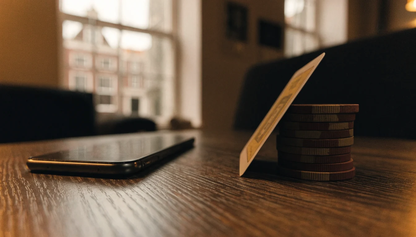 Nederlandse smartphone met casinofiches en speelkaart op tafel