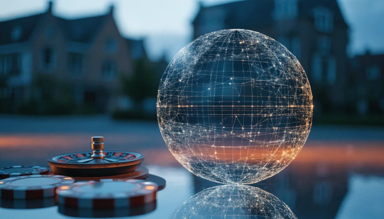 Digitale wereldbol met casinoglow en roulettewiel, symbool voor internationale goksites in 2026