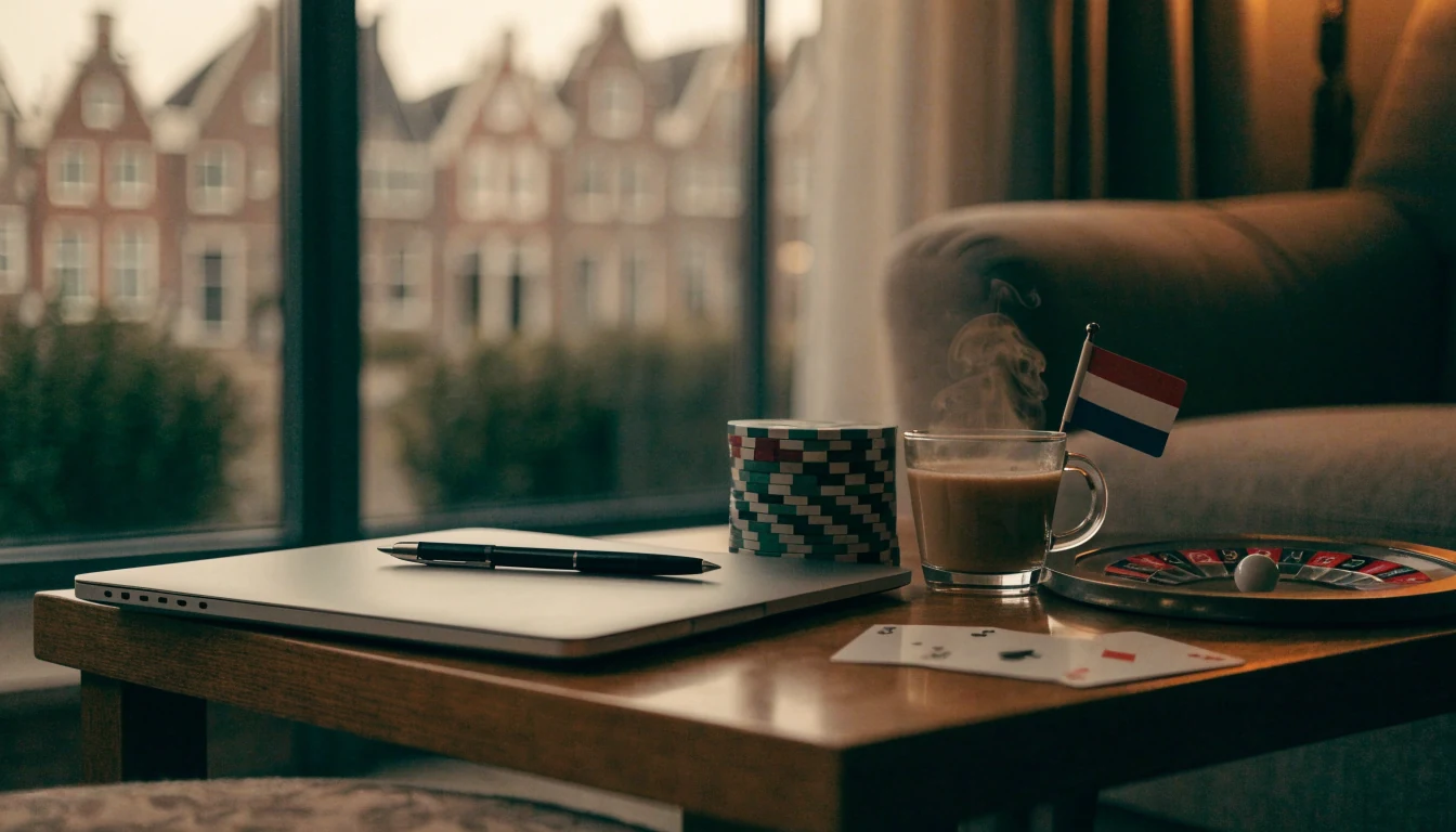 Sfeervolle Nederlandse huiskamer met gesloten laptop, casinofiches en roulette op tafel