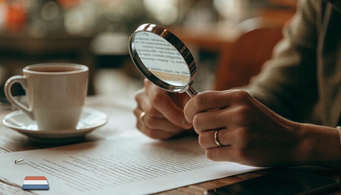 Vergrootglas boven een lijst met casinomerken op een houten tafel